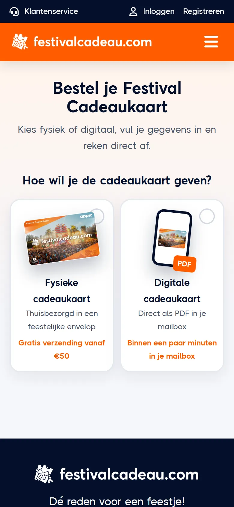 De bestelpagina van festivalcadeau.com op een telefoon